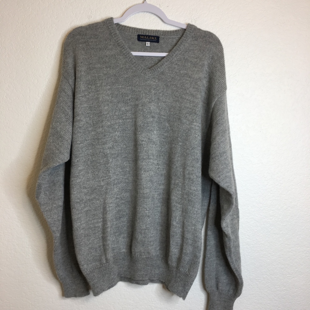 Waliki Men's V Neck Alpaca Sweater L Gray